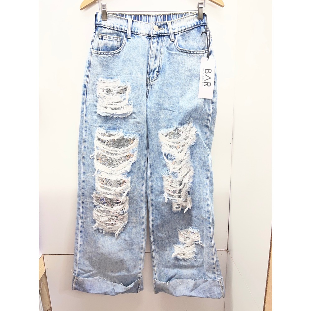 BAR x Oli & Hali Sequin Distressed Wide Leg Jeans Light Wash Acid Star Patch S